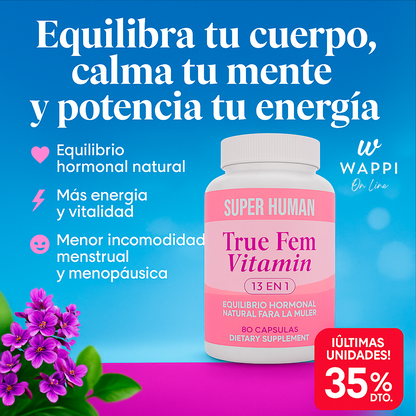 TrueFem Balance – Cápsulas para el Equilibrio Hormonal y Bienestar Femenino (60 Cápsulas) – SuperHuman™