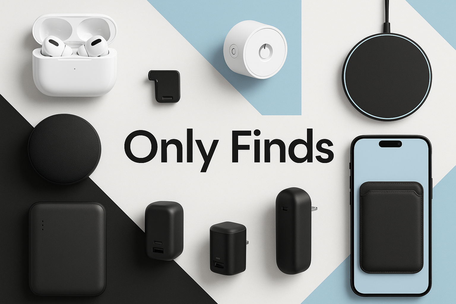 Imagen de portada de tienda de shopify, con productos y gadgets modernos y utiles. La tienda se llama Only Finds, haciendo alusión a que se encuentran los mejores productos para los clientes. Los colores del logo son negro, blabco y celeste